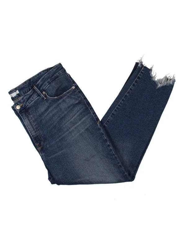 Womens Frayed Hem Denim Straight Leg Jeans