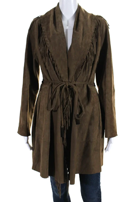 Lafayette 148 New York Womens Suede Fringe Hem Open Front Overcoat Brown