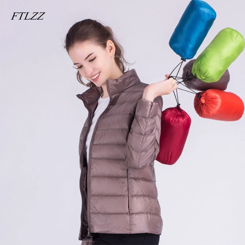 Ftlzz New Autumn Winter Women Ultra Light White Duck Down Jackets Candy Color Slim Short Design Warm Down Coats