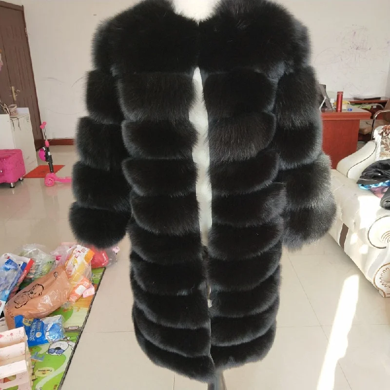 New brand black fox fur coat winter warm clothes fashion style real natural fox fur coat