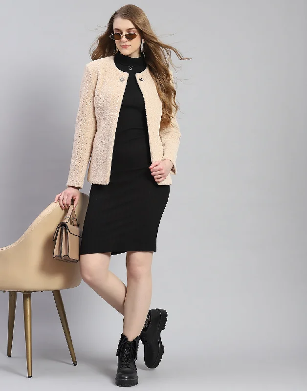 Women Beige Embellished H Neck Full Sleeve Coat