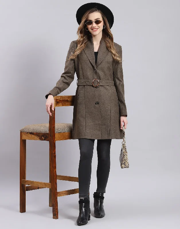 Women Brown Solid Lapel Collar Full Sleeve Coat