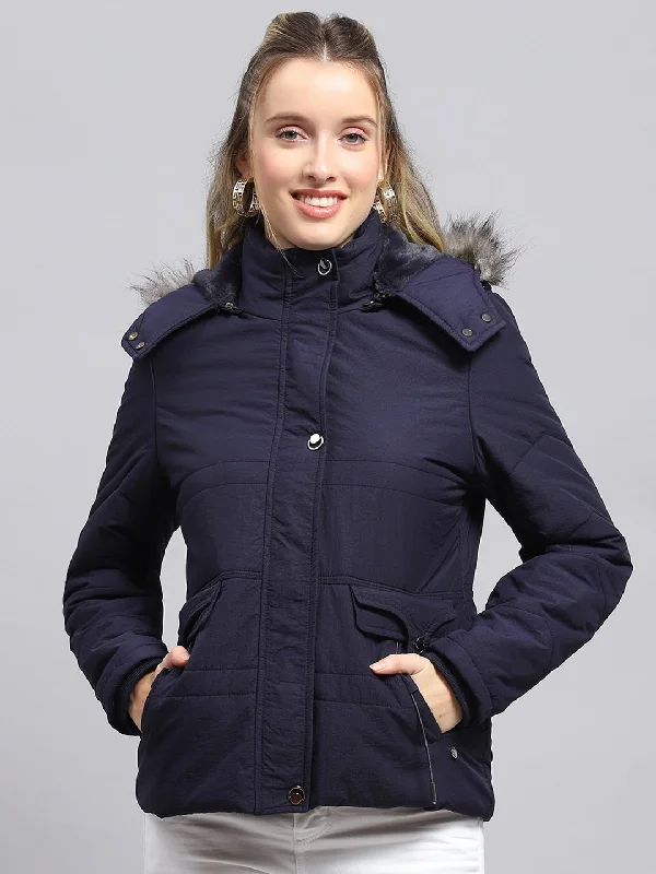 Women Navy Blue Solid Detachable Hood Full Sleeve Jacket