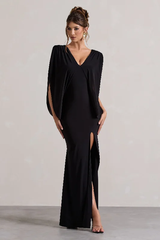 Perry | Black V-Neck Cape Sleeve Split Maxi Dress