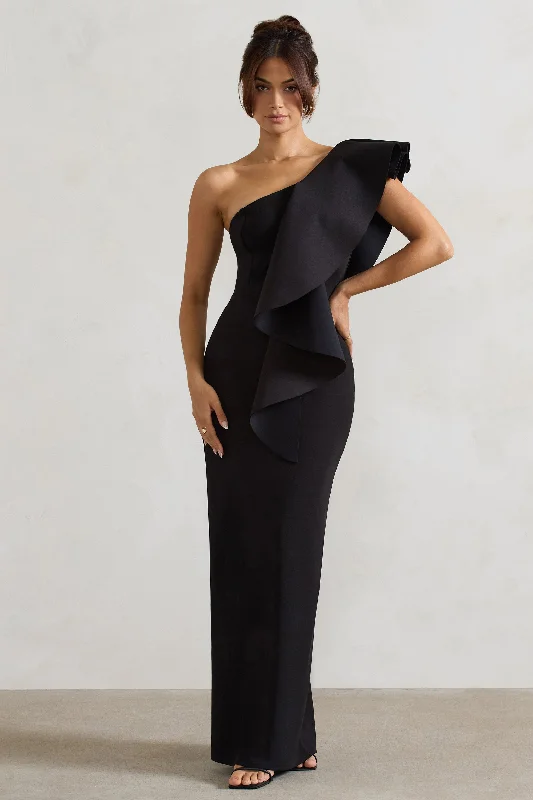 Timeless Love | Black Asymmetric Draped Ruffle Maxi Dress